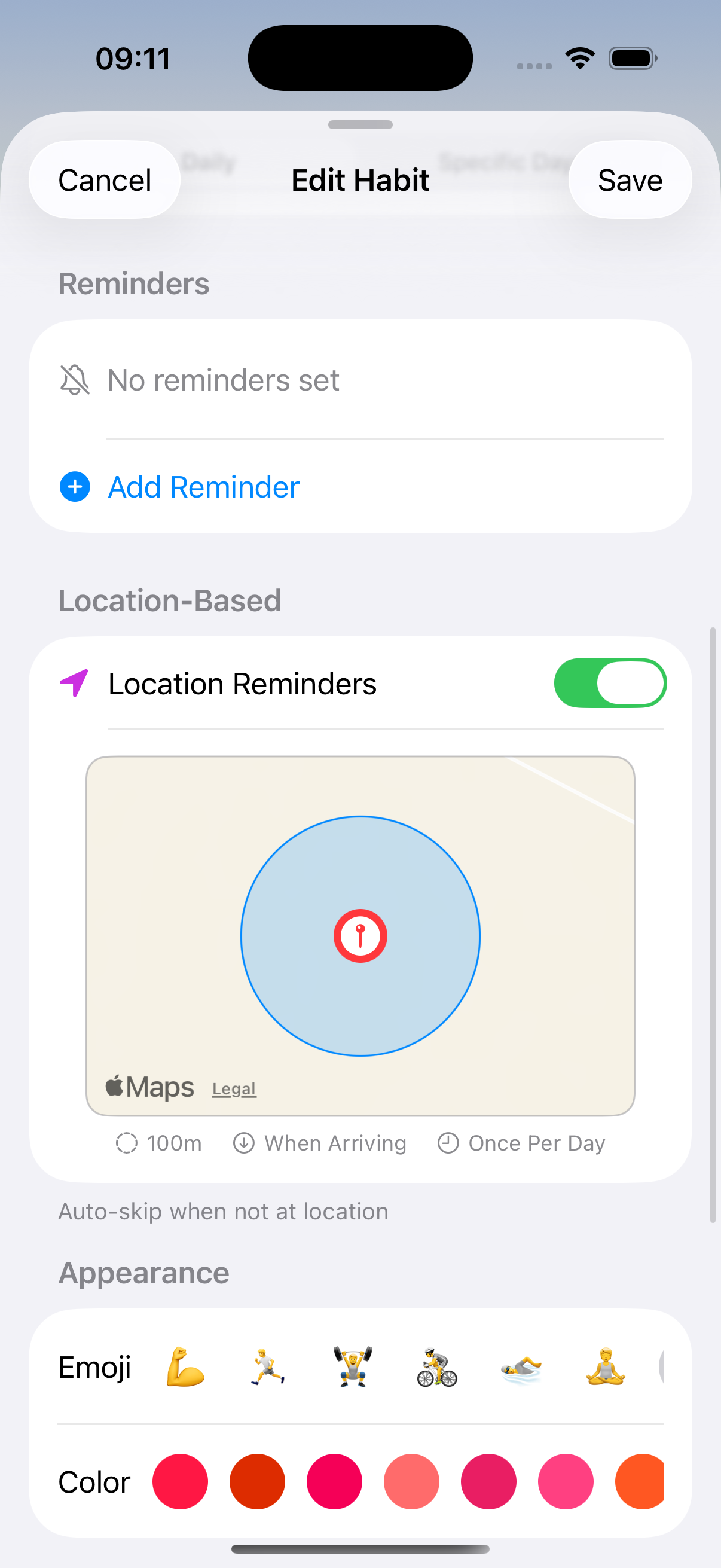 Location-based habit reminders with geofencing