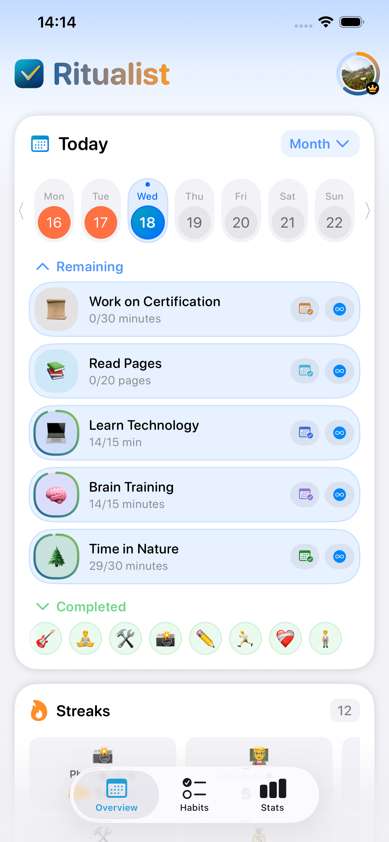 Ritualist app showing privacy-first habit tracking dashboard
