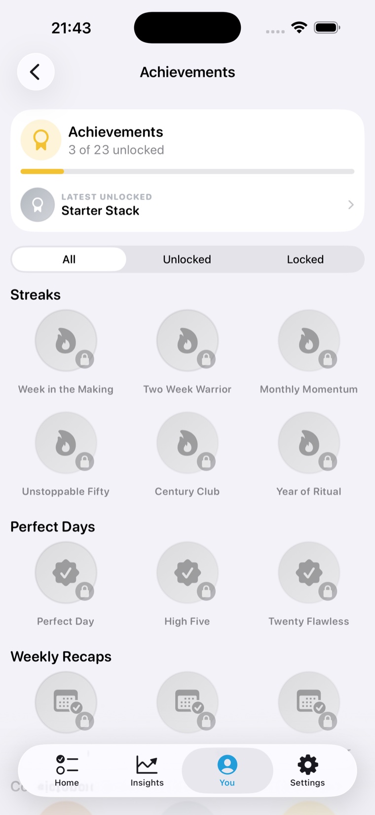 Ritualist Achievements screen