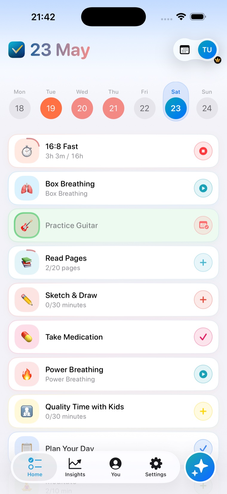 Ritualist Home screen with habit logging