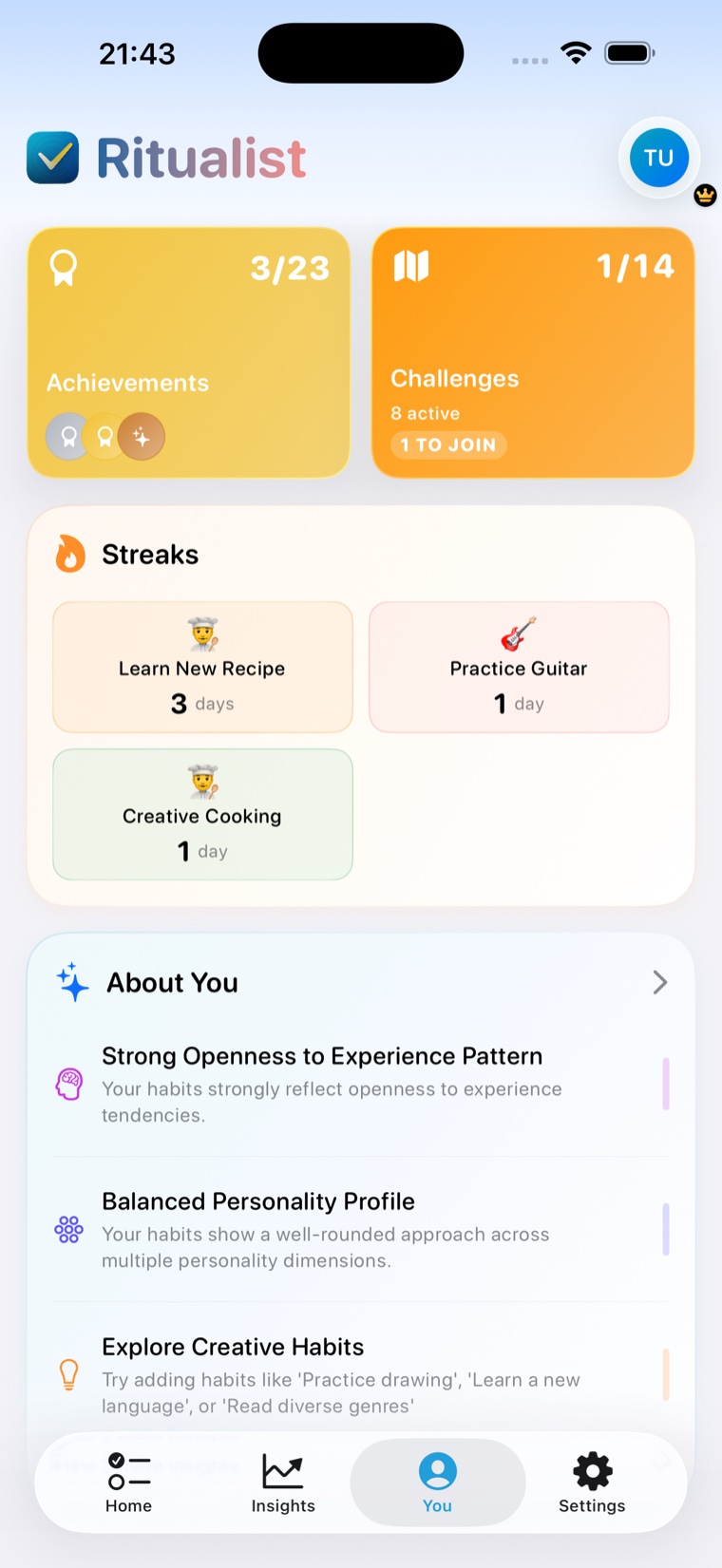 Ritualist You tab with personal insights